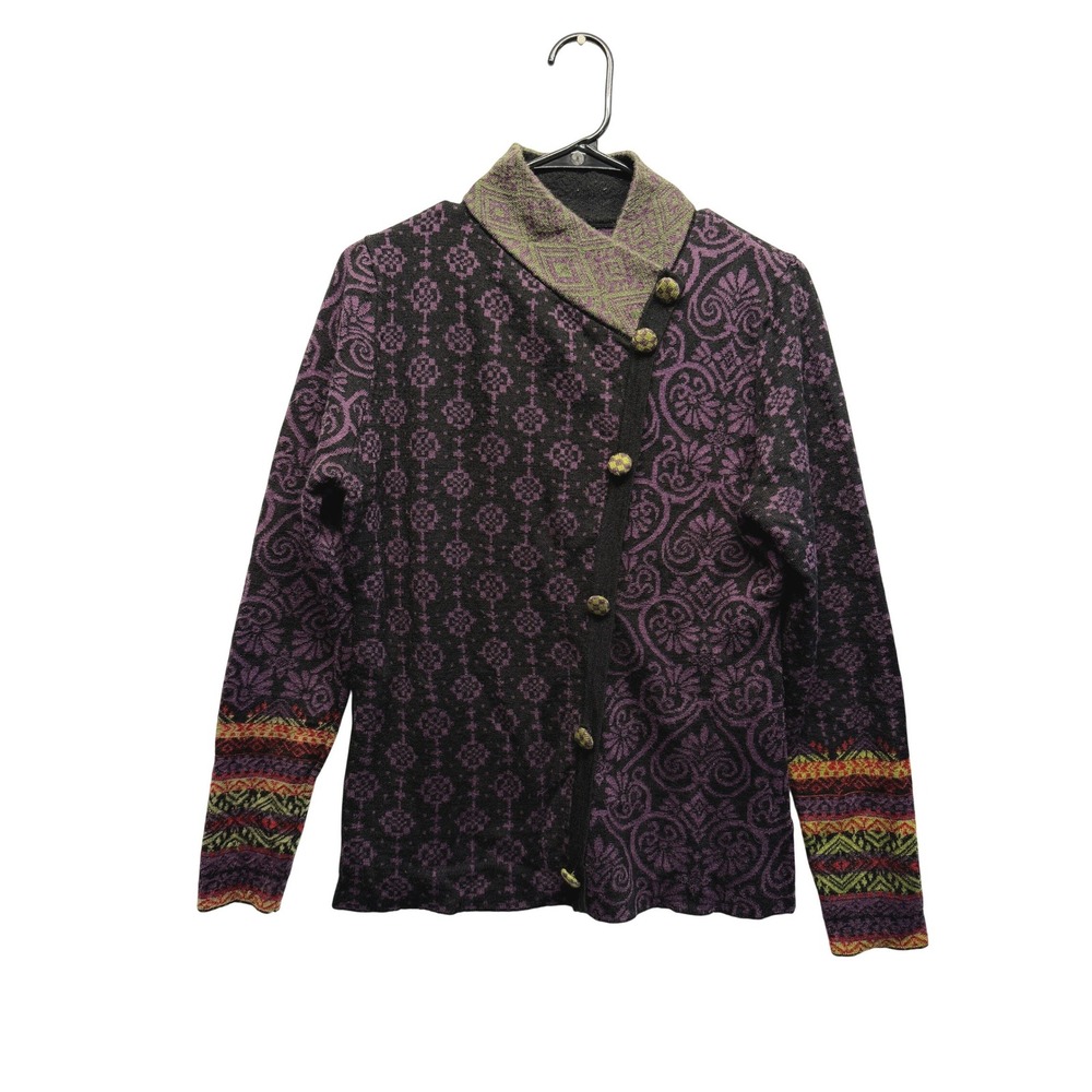 Icelandic Design Purple Black Damask Wool Blend Asymmetrical Cardigan Size M